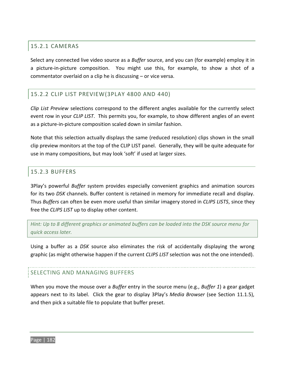 Cameras, Clip list preview(3play 4800 and 440), Buffers | NewTek 3Play 4800 User Manual | Page 198 / 266