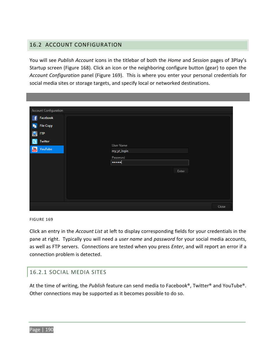 Account configuration, Social media sites | NewTek 3Play 4800 User Manual | Page 206 / 266