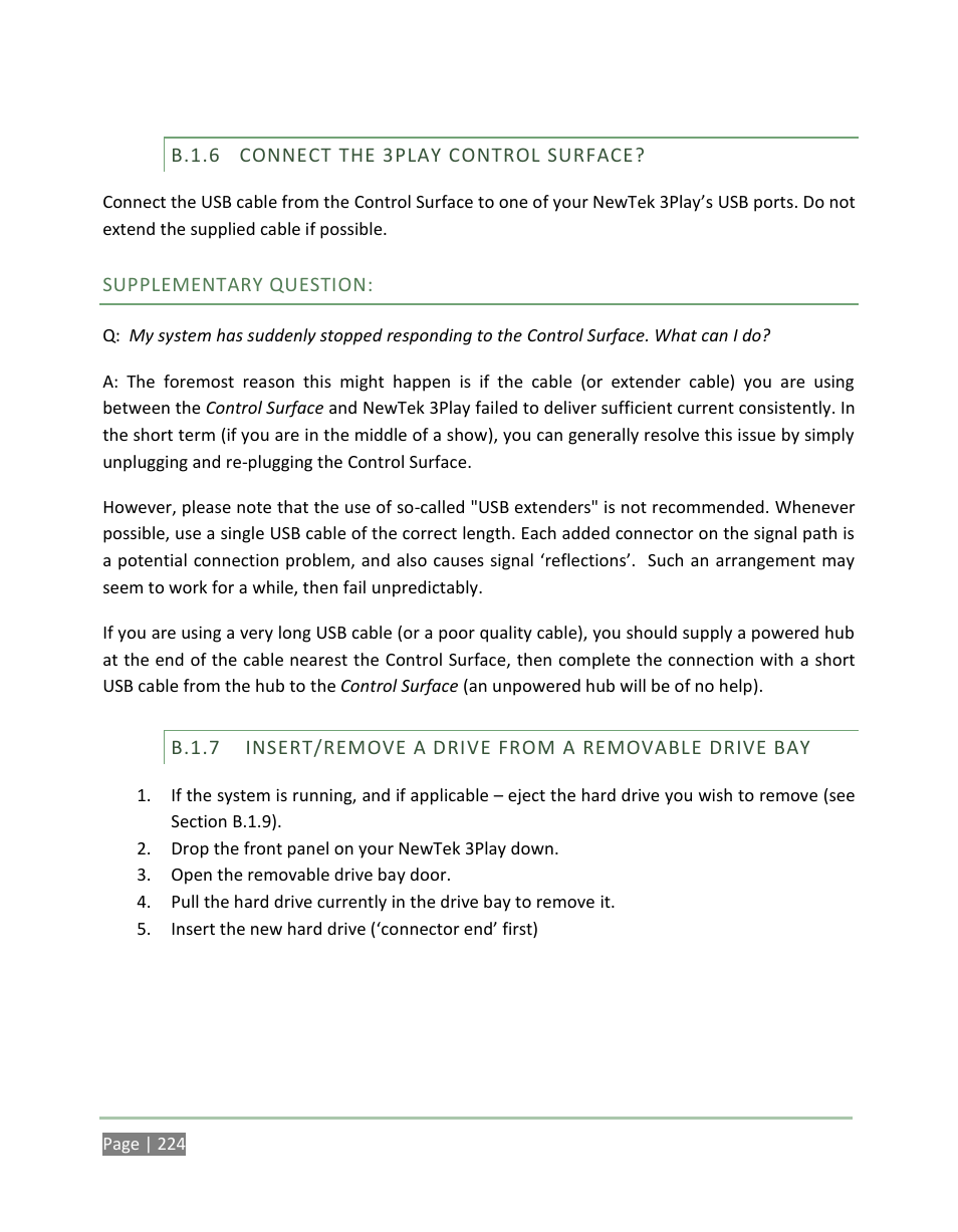 B.1.6, Connect the 3play control surface, B.1.7 | Insert/remove a drive from a removable drive bay | NewTek 3Play 4800 User Manual | Page 240 / 266