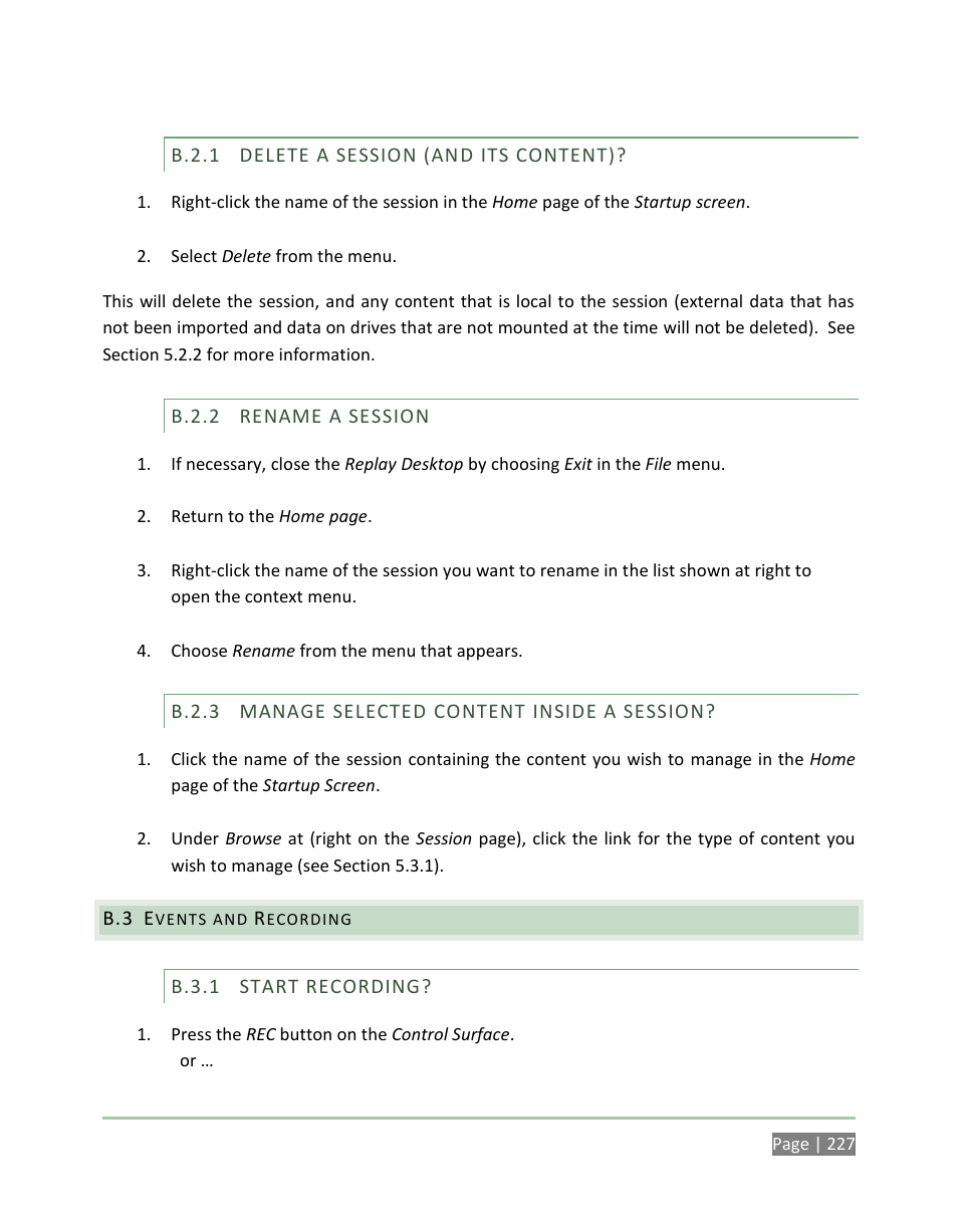 B.2.1, Delete a session (and its content), B.2.2 | Rename a session, B.2.3, Manage selected content inside a session, Events and recording, B.3.1, Start recording | NewTek 3Play 4800 User Manual | Page 243 / 266