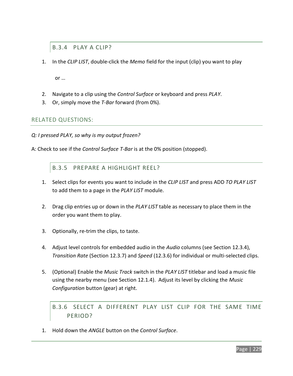 B.3.4, Play a clip, B.3.5 | Prepare a highlight reel, B.3.6 | NewTek 3Play 4800 User Manual | Page 245 / 266