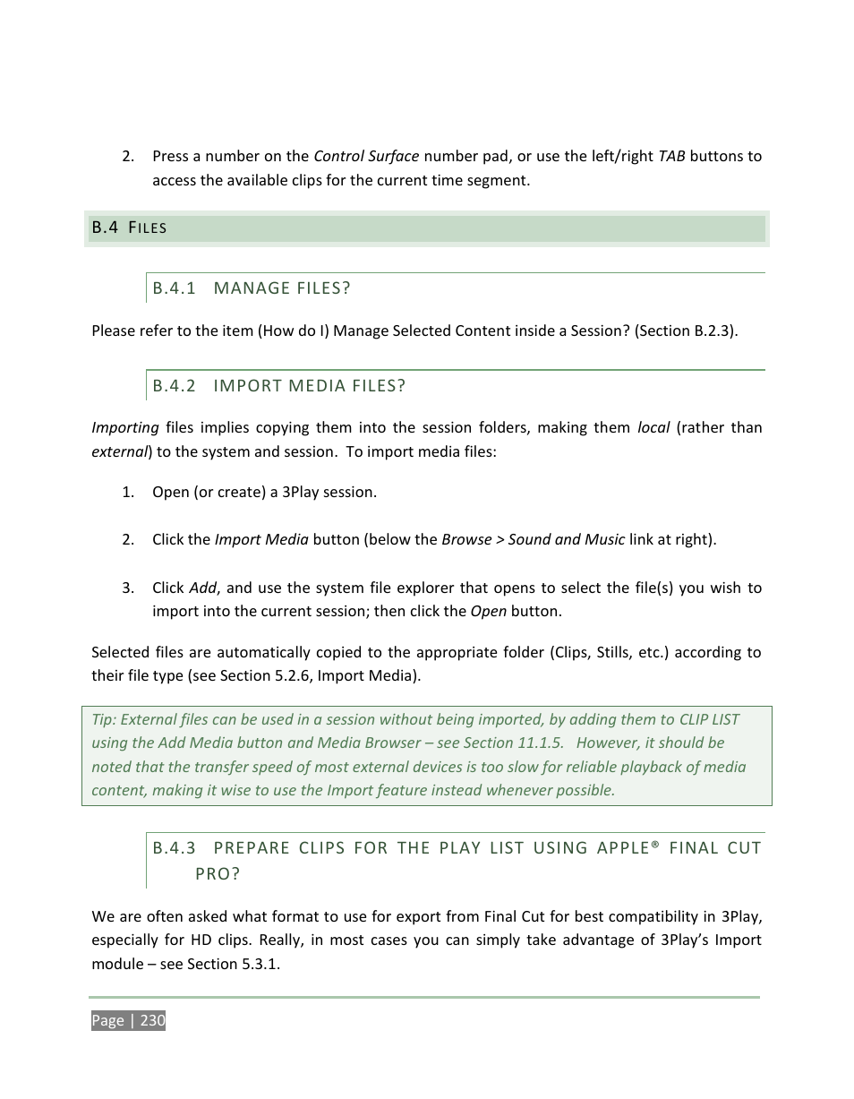 Files, B.4.1, Manage files | B.4.2, Import media files, B.4.3 | NewTek 3Play 4800 User Manual | Page 246 / 266