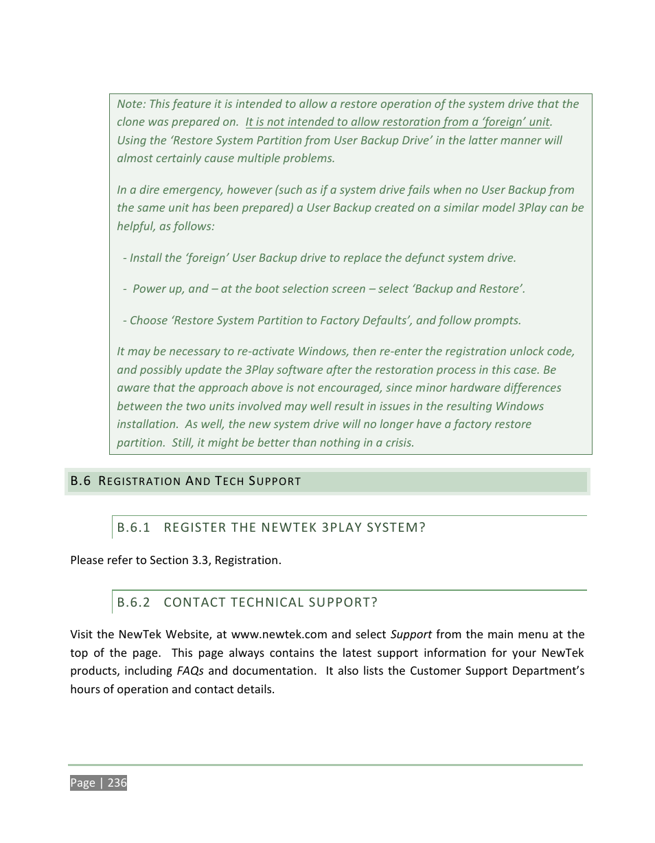 Registration and tech support, B.6.1, Register the newtek 3play system | B.6.2, Contact technical support | NewTek 3Play 4800 User Manual | Page 252 / 266