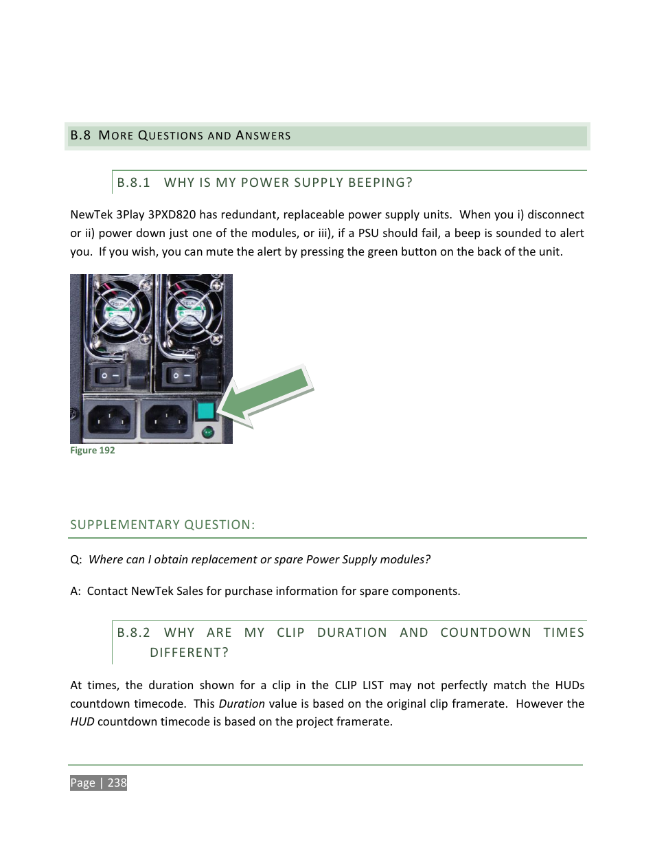 More questions and answers, B.8.1, Why is my power supply beeping | B.8.2 | NewTek 3Play 4800 User Manual | Page 254 / 266