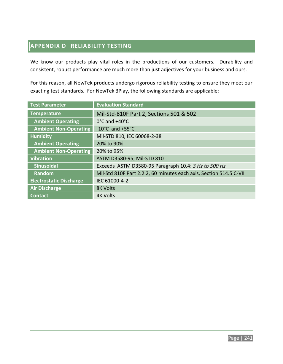 Appendix d, Reliability testing | NewTek 3Play 4800 User Manual | Page 257 / 266