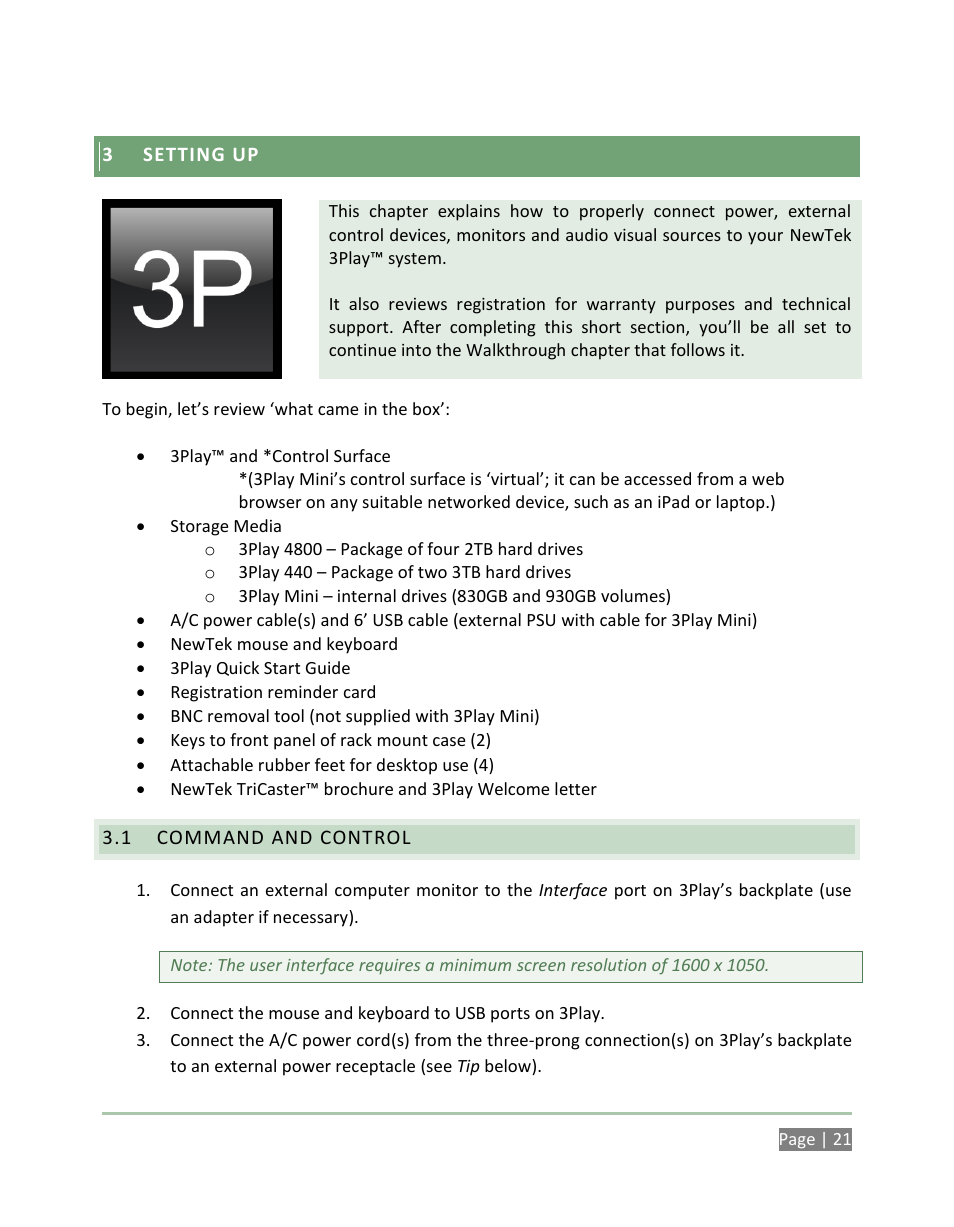 Setting up, Command and control | NewTek 3Play 4800 User Manual | Page 37 / 266