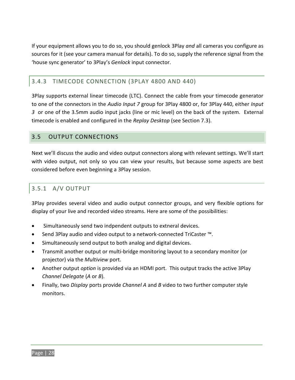 Timecode connection (3play 4800 and 440), Output connections, A/v output | NewTek 3Play 4800 User Manual | Page 44 / 266