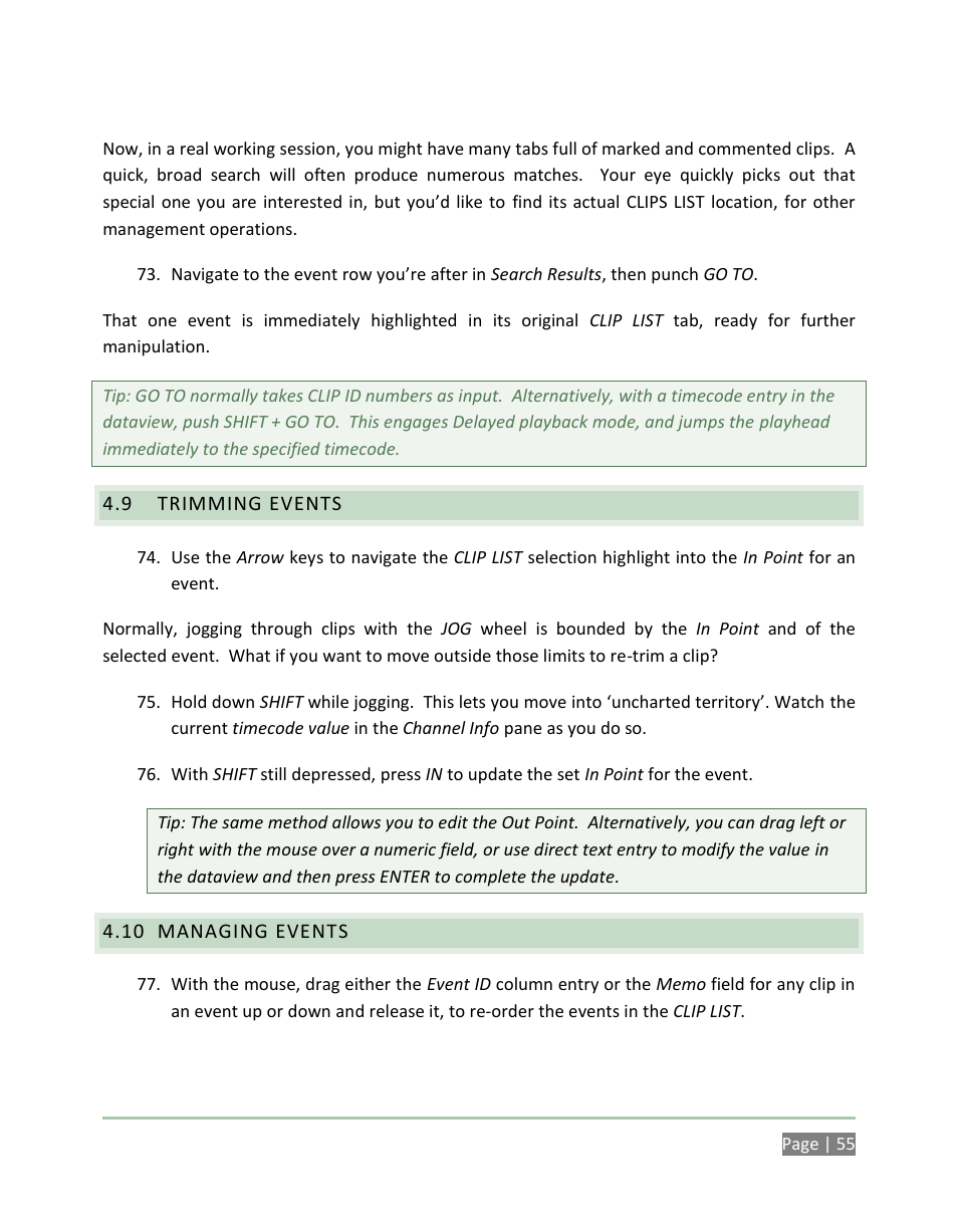 Trimming events, Managing events | NewTek 3Play 4800 User Manual | Page 71 / 266