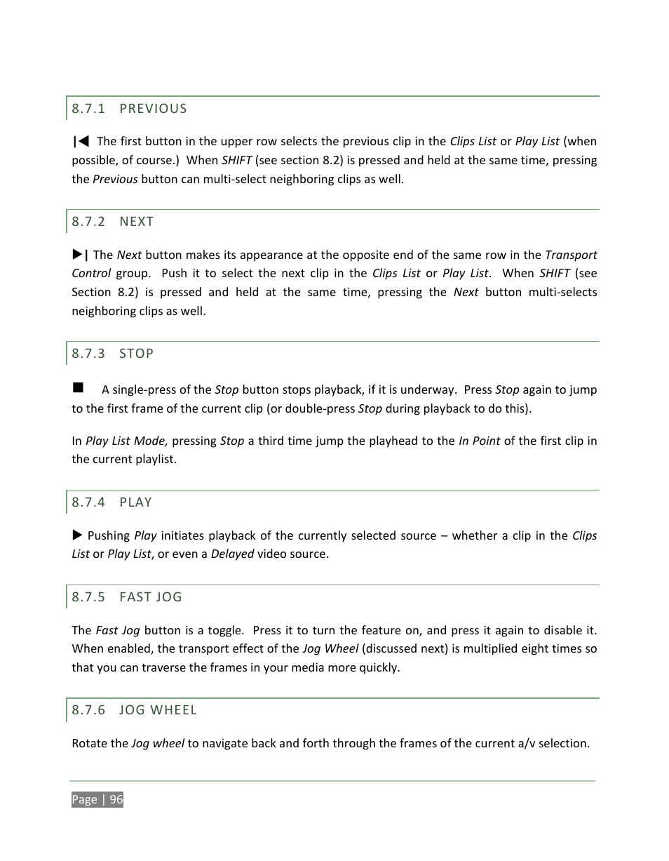 Previous, Next, Stop | Play, Fast jog, Jog wheel | NewTek 3Play 820 User Manual | Page 110 / 194