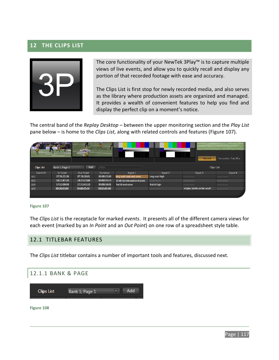 The clips list, Titlebar features, Ter 12 (the clips list) | NewTek 3Play 820 User Manual | Page 131 / 194