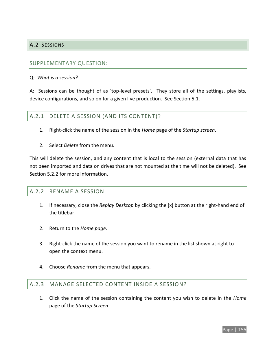 Sessions, A.2.1, Delete a session (and its content) | A.2.2, Rename a session, A.2.3, Manage selected content inside a session | NewTek 3Play 820 User Manual | Page 169 / 194