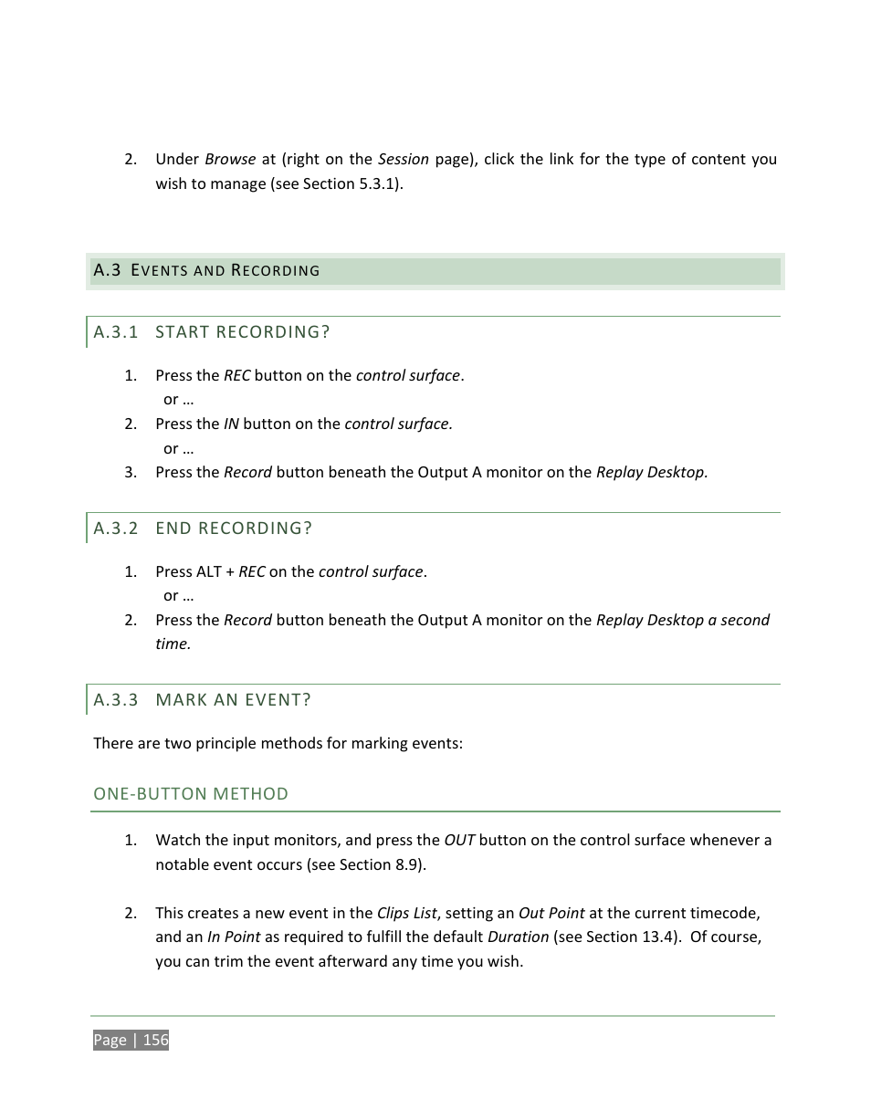 Events and recording, A.3.1, Start recording | A.3.2, End recording, A.3.3, Mark an event | NewTek 3Play 820 User Manual | Page 170 / 194