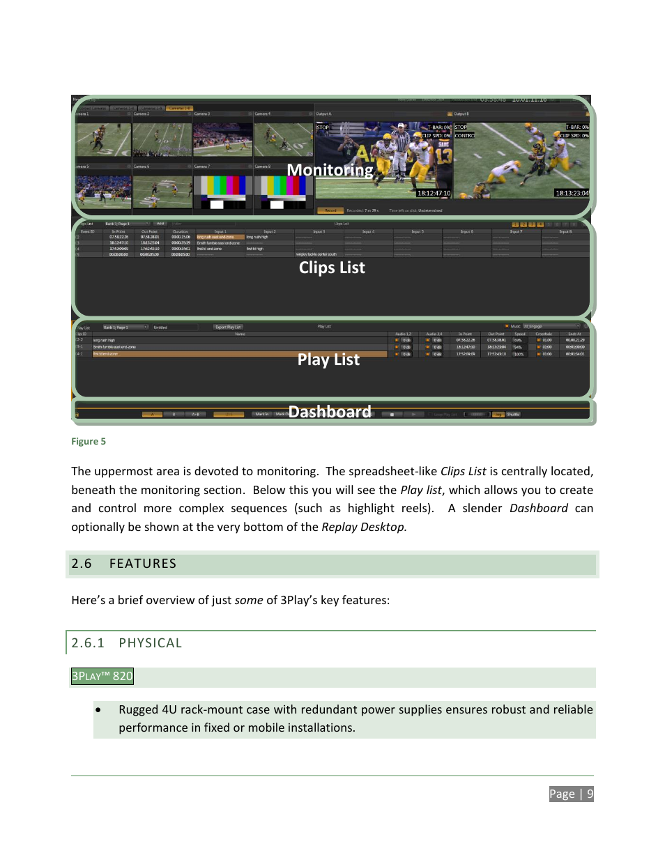 Features, Physical, Monitoring clips list play list dashboard | NewTek 3Play 820 User Manual | Page 23 / 194