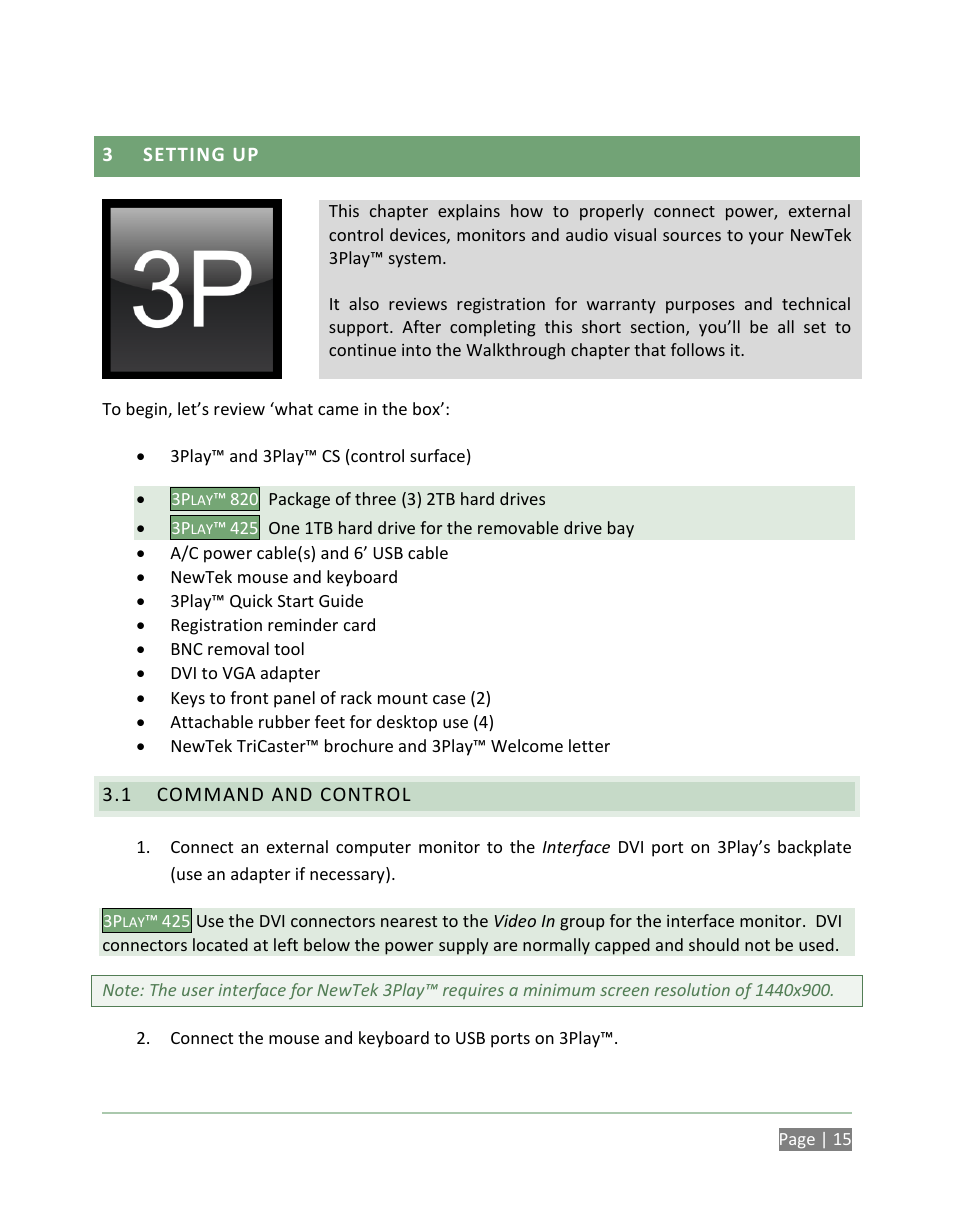 Setting up, Command and control | NewTek 3Play 820 User Manual | Page 29 / 194