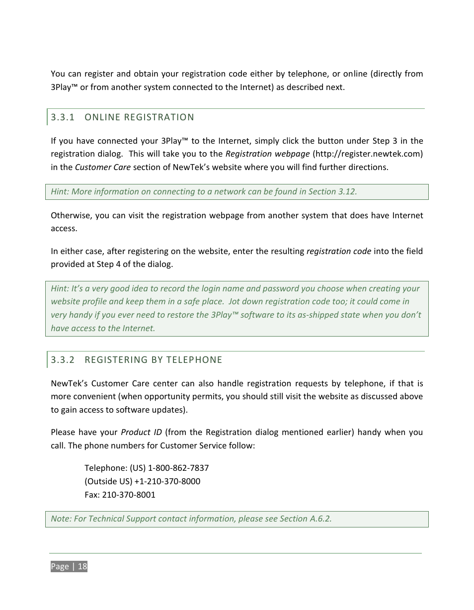 Online registration, Registering by telephone | NewTek 3Play 820 User Manual | Page 32 / 194