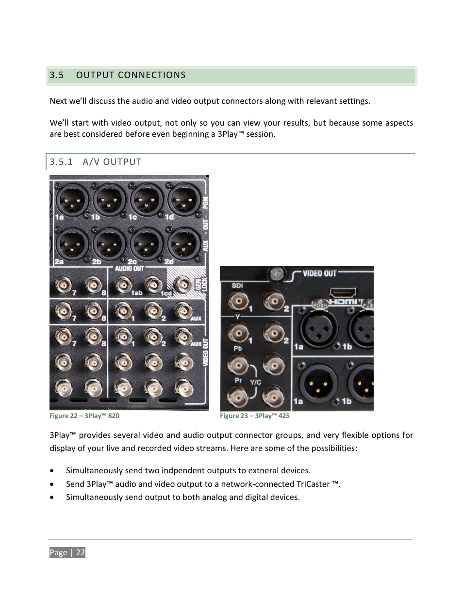 Output connections, A/v output | NewTek 3Play 820 User Manual | Page 36 / 194