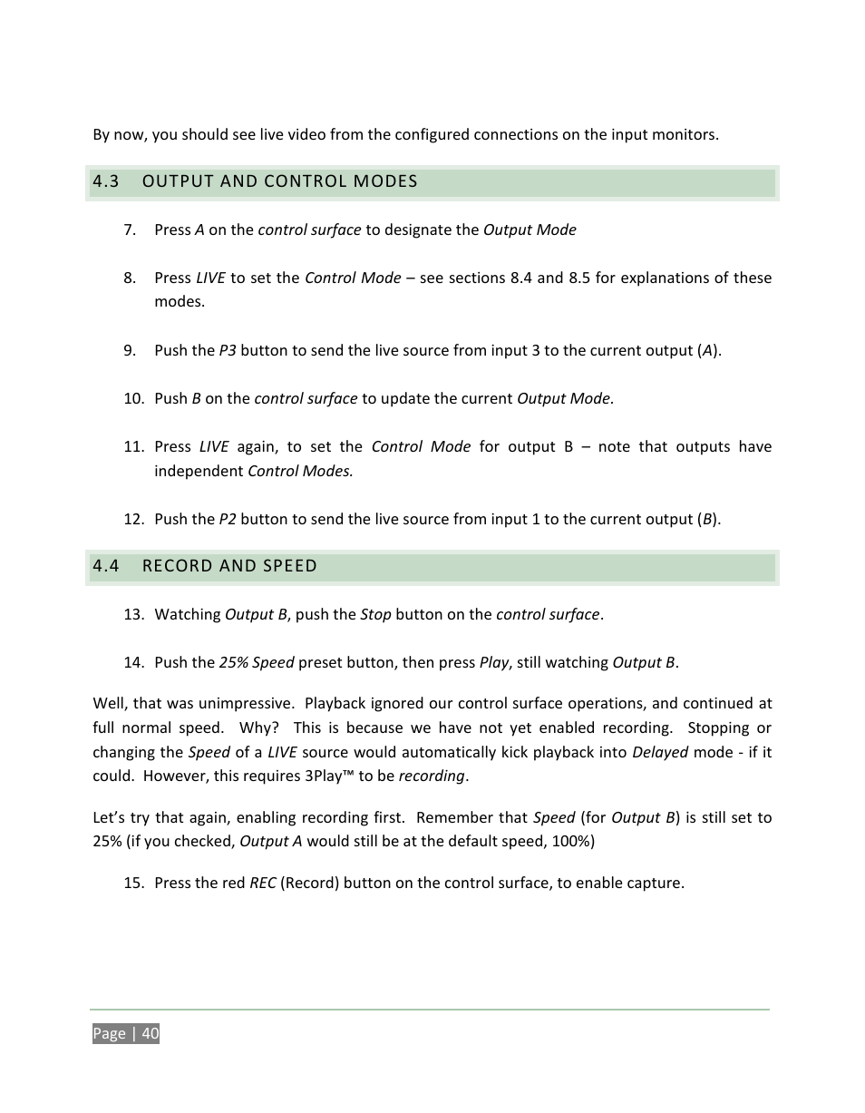 Output and control modes, Record and speed | NewTek 3Play 820 User Manual | Page 54 / 194