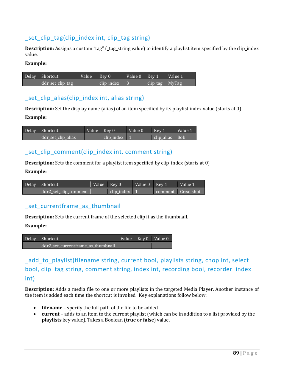 Set_clip_tag(clip_index int, clip_tag string), Set_clip_alias(clip_index int, alias string), Set_clip_comment(clip_index int, comment string) | Set_currentframe_as_thumbnail | NewTek TriCaster Advanced Edition Automation and Integration Guide User Manual | Page 101 / 179