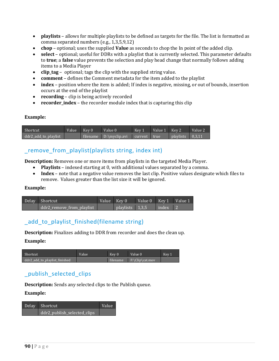 Remove_from_playlist(playlists string, index int), Add_to_playlist_finished(filename string), Publish_selected_clips | NewTek TriCaster Advanced Edition Automation and Integration Guide User Manual | Page 102 / 179