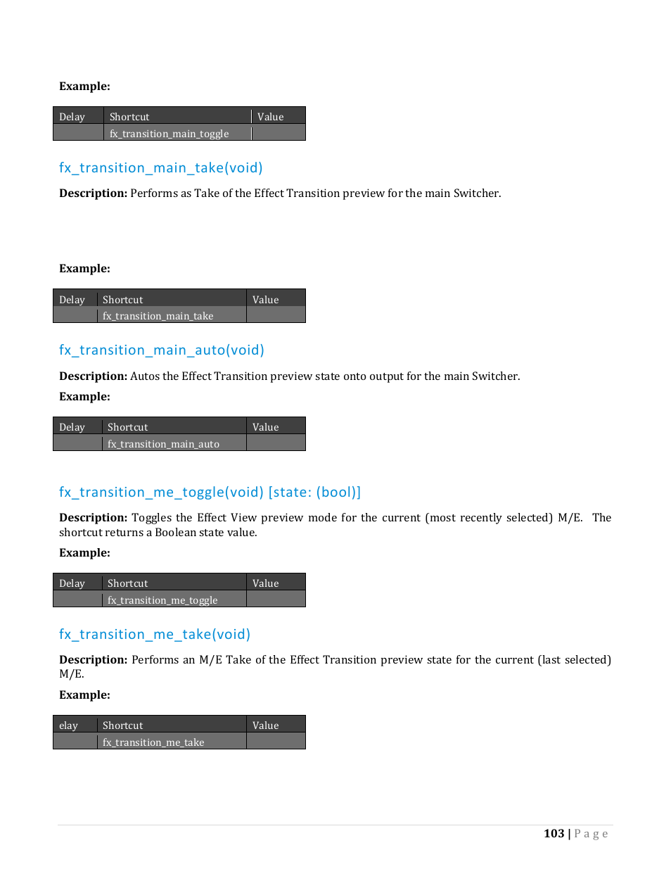 Fx_transition_main_take(void), Fx_transition_main_auto(void), Fx_transition_me_toggle(void) [state: (bool) | Fx_transition_me_take(void) | NewTek TriCaster Advanced Edition Automation and Integration Guide User Manual | Page 115 / 179