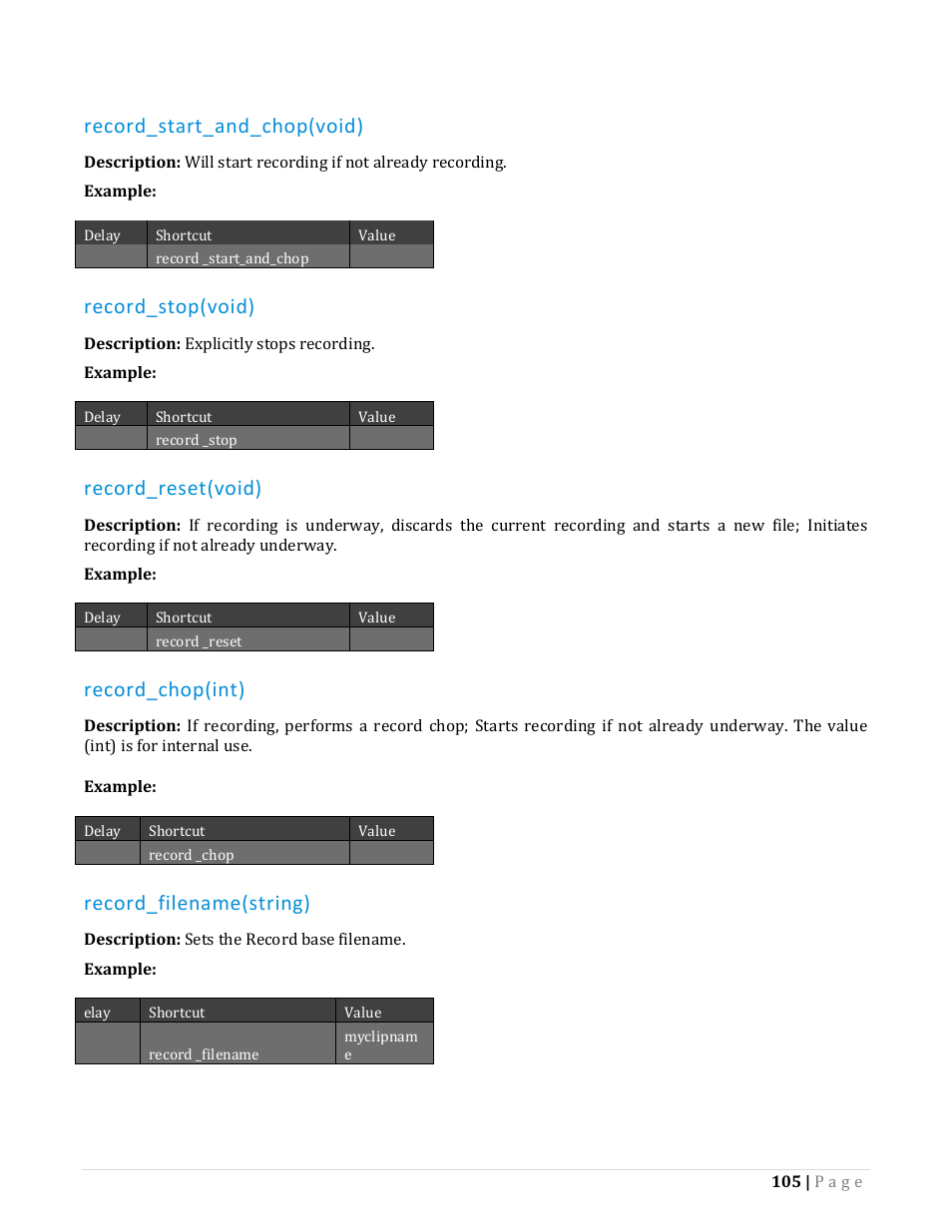 Record_start_and_chop(void), Record_stop(void), Record_reset(void) | Record_chop(int), Record_filename(string) | NewTek TriCaster Advanced Edition Automation and Integration Guide User Manual | Page 117 / 179