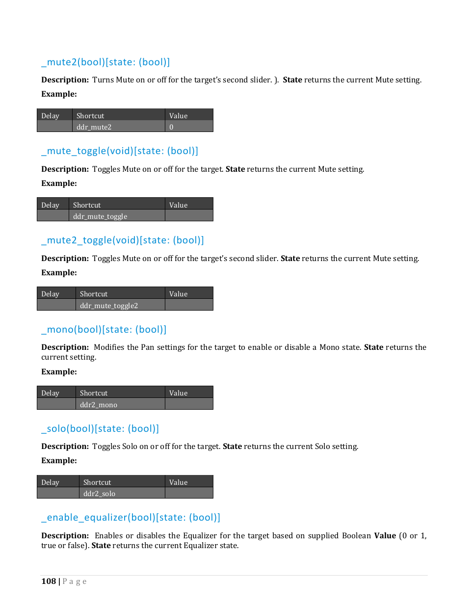 Mute2(bool)[state: (bool), Mute_toggle(void)[state: (bool), Mute2_toggle(void)[state: (bool) | Mono(bool)[state: (bool), Solo(bool)[state: (bool), Enable_equalizer(bool)[state: (bool) | NewTek TriCaster Advanced Edition Automation and Integration Guide User Manual | Page 120 / 179