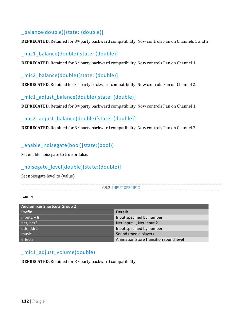 C.9.2, Input specific, Balance(double)[state: (double) | Mic1_balance(double)[state: (double), Mic2_balance(double)[state: (double), Mic1_adjust_balance(double)[state: (double), Mic2_adjust_balance(double)[state: (double), Enable_noisegate(bool)[state:(bool), Noisegate_level(double)[state:(double), Mic1_adjust_volume(double) | NewTek TriCaster Advanced Edition Automation and Integration Guide User Manual | Page 124 / 179