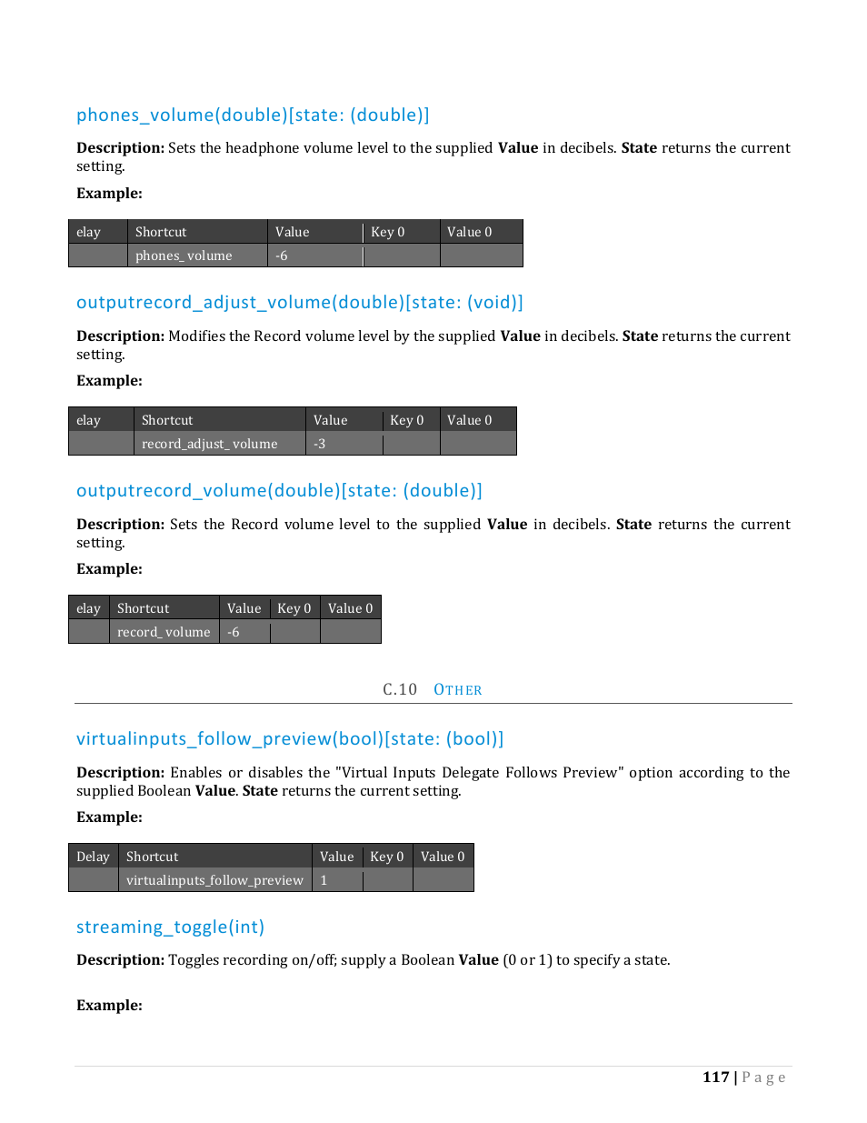 C.10, Ther, Phones_volume(double)[state: (double) | Outputrecord_adjust_volume(double)[state: (void), Outputrecord_volume(double)[state: (double), Virtualinputs_follow_preview(bool)[state: (bool), Streaming_toggle(int) | NewTek TriCaster Advanced Edition Automation and Integration Guide User Manual | Page 129 / 179