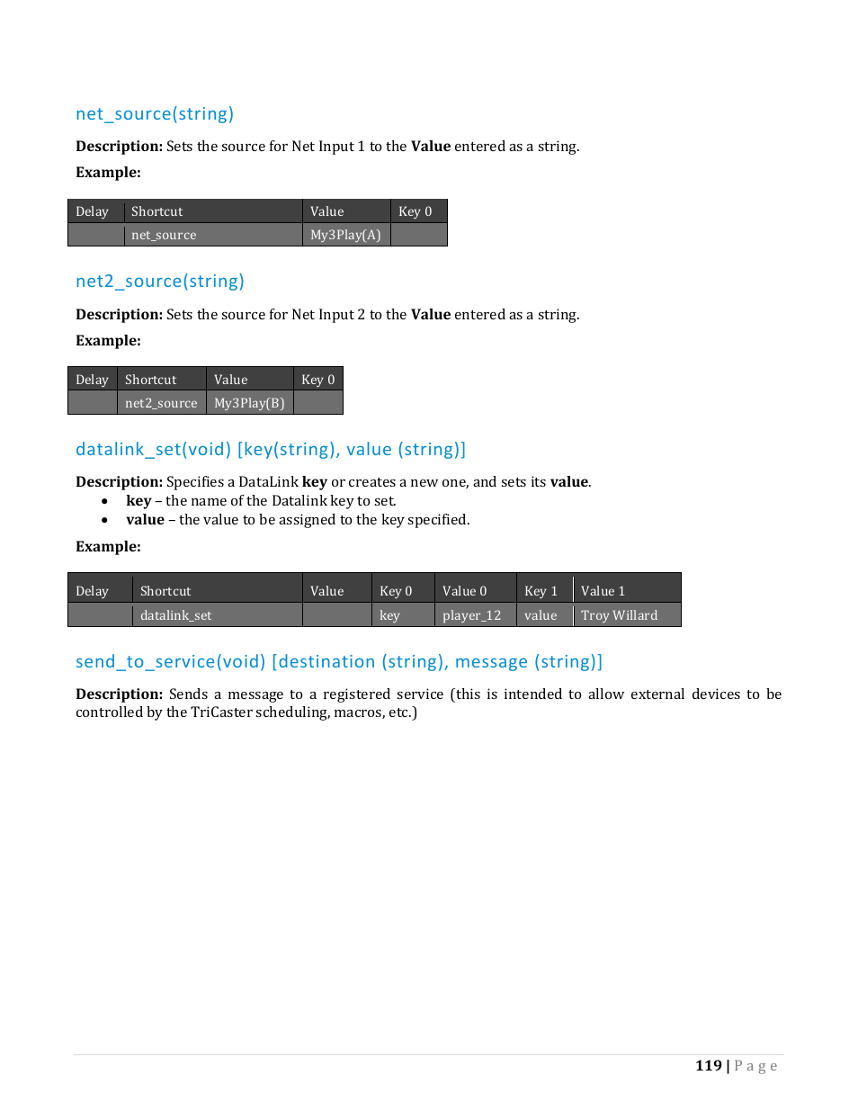 Net_source(string), Net2_source(string), Datalink_set(void) [key(string), value (string) | NewTek TriCaster Advanced Edition Automation and Integration Guide User Manual | Page 131 / 179