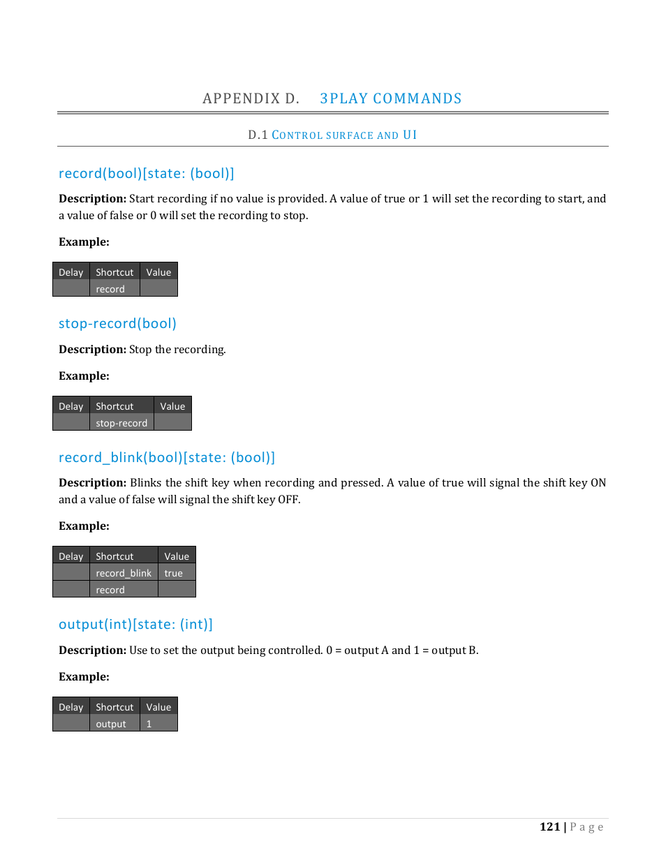 Appendix d, 3play commands, Ontrol surface and | Appendix d. 3play commands, Record(bool)[state: (bool), Stop-record(bool), Record_blink(bool)[state: (bool), Output(int)[state: (int) | NewTek TriCaster Advanced Edition Automation and Integration Guide User Manual | Page 133 / 179