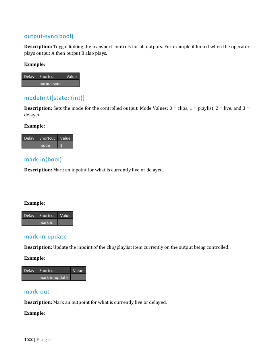 Output-sync(bool), Mode(int)[state: (int), Mark-in(bool) | Mark-in-update, Mark-out | NewTek TriCaster Advanced Edition Automation and Integration Guide User Manual | Page 134 / 179