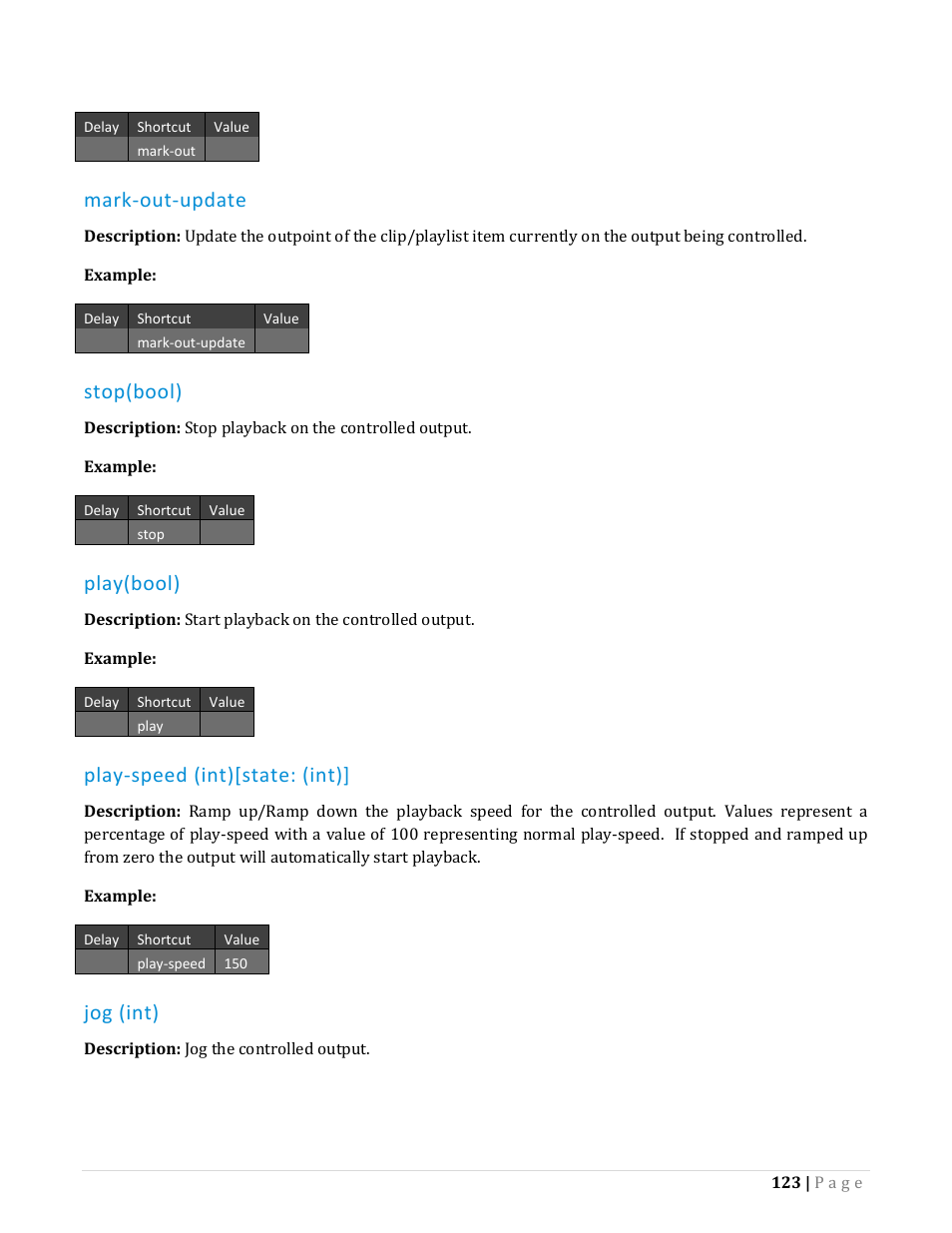 Mark-out-update, Stop(bool), Play(bool) | Play-speed (int)[state: (int), Jog (int) | NewTek TriCaster Advanced Edition Automation and Integration Guide User Manual | Page 135 / 179