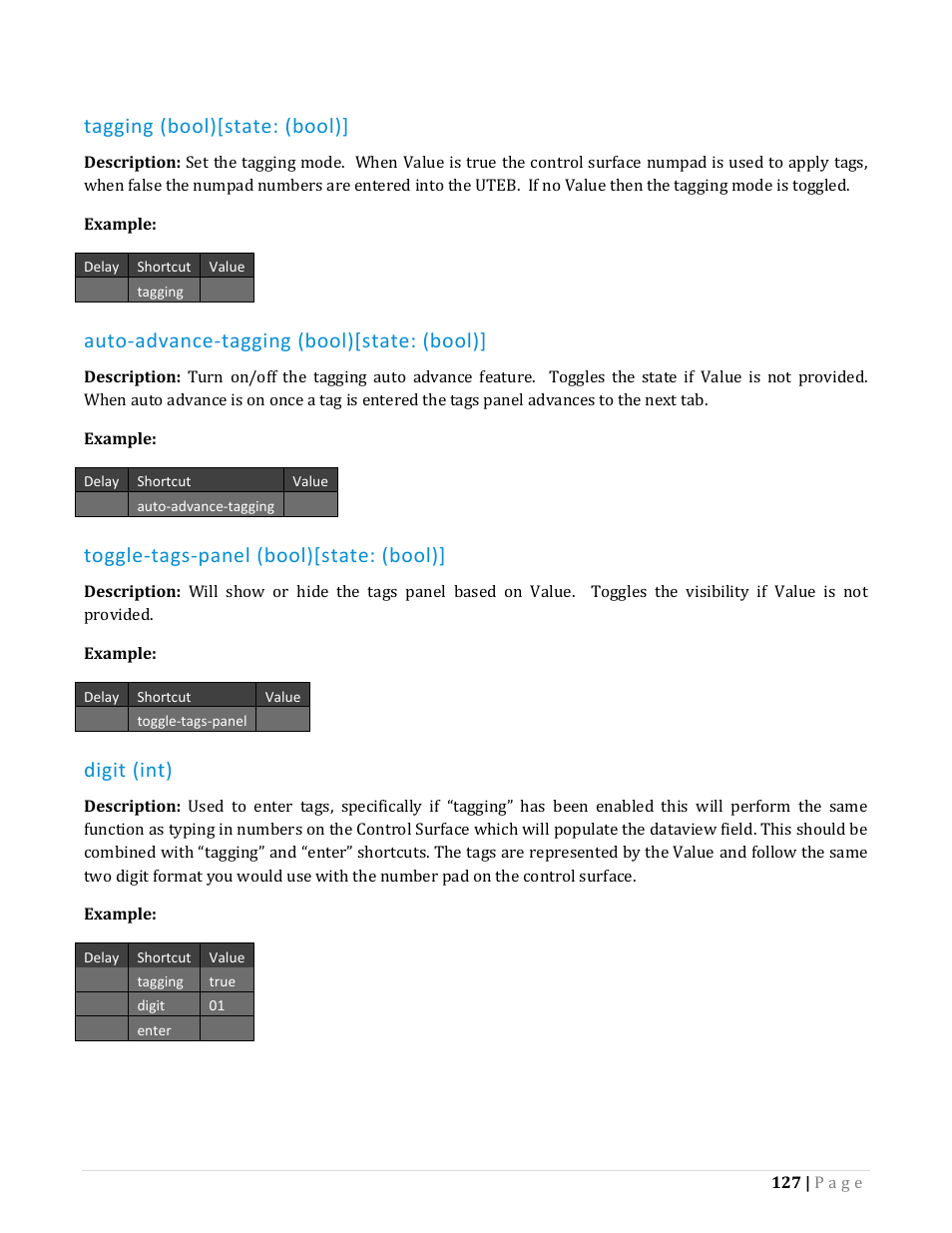 Tagging (bool)[state: (bool), Auto-advance-tagging (bool)[state: (bool), Toggle-tags-panel (bool)[state: (bool) | Digit (int) | NewTek TriCaster Advanced Edition Automation and Integration Guide User Manual | Page 139 / 179