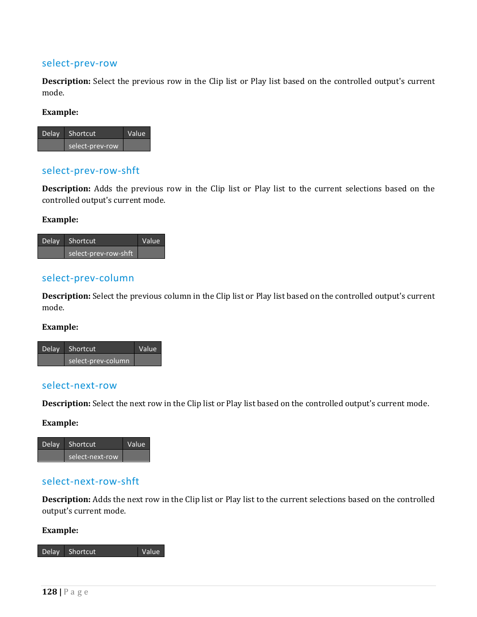 Select-prev-row, Select-prev-row-shft, Select-prev-column | Select-next-row, Select-next-row-shft | NewTek TriCaster Advanced Edition Automation and Integration Guide User Manual | Page 140 / 179