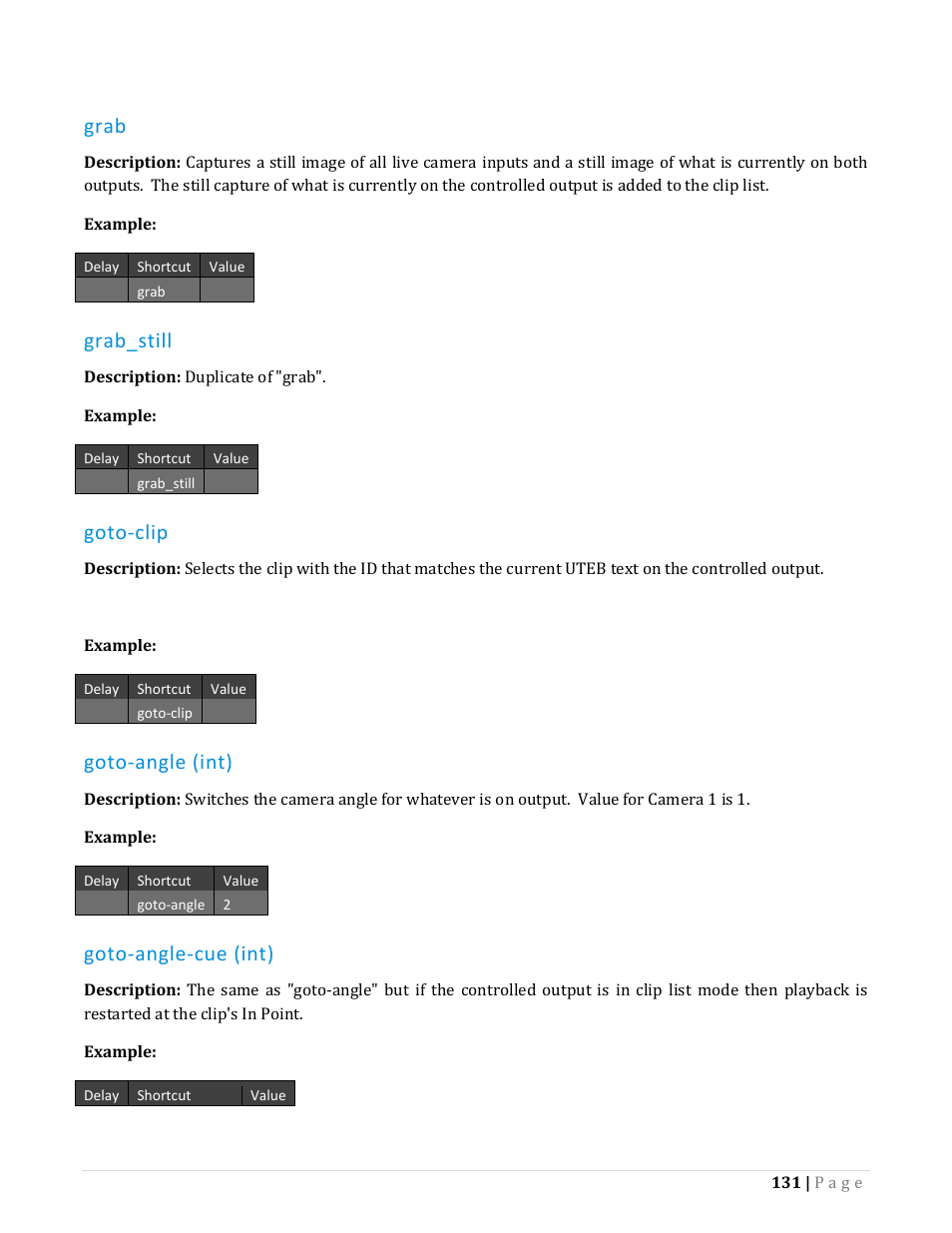 Grab, Grab_still, Goto-clip | Goto-angle (int), Goto-angle-cue (int) | NewTek TriCaster Advanced Edition Automation and Integration Guide User Manual | Page 143 / 179