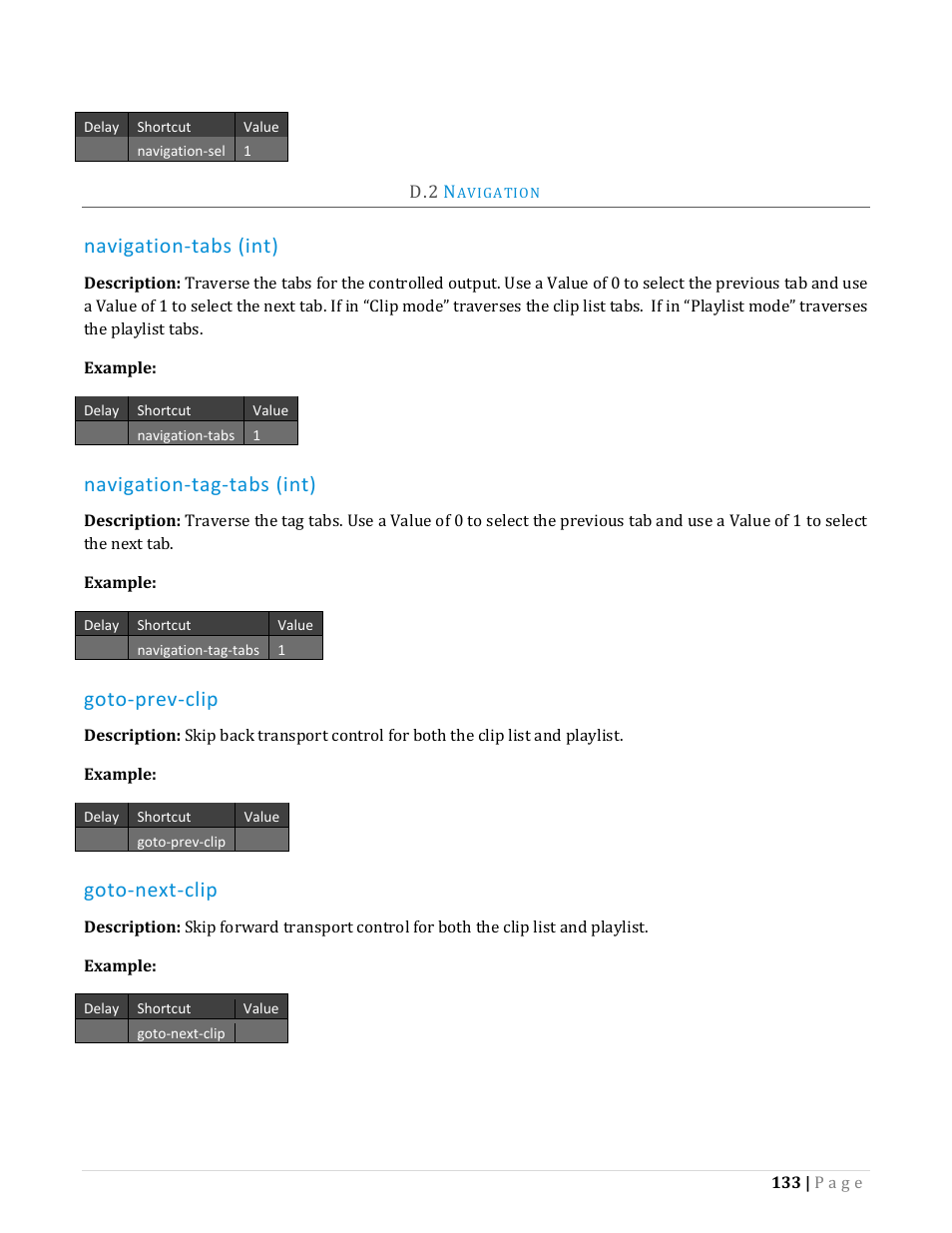 Avigation, Navigation-tabs (int), Navigation-tag-tabs (int) | Goto-prev-clip, Goto-next-clip | NewTek TriCaster Advanced Edition Automation and Integration Guide User Manual | Page 145 / 179