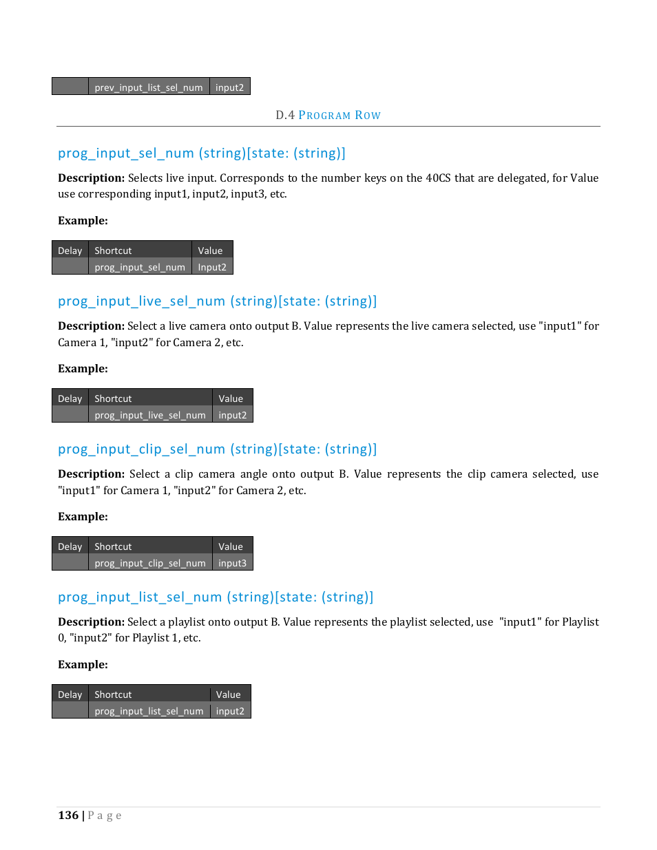 Rogram, Prog_input_sel_num (string)[state: (string), Prog_input_live_sel_num (string)[state: (string) | Prog_input_clip_sel_num (string)[state: (string), Prog_input_list_sel_num (string)[state: (string) | NewTek TriCaster Advanced Edition Automation and Integration Guide User Manual | Page 148 / 179