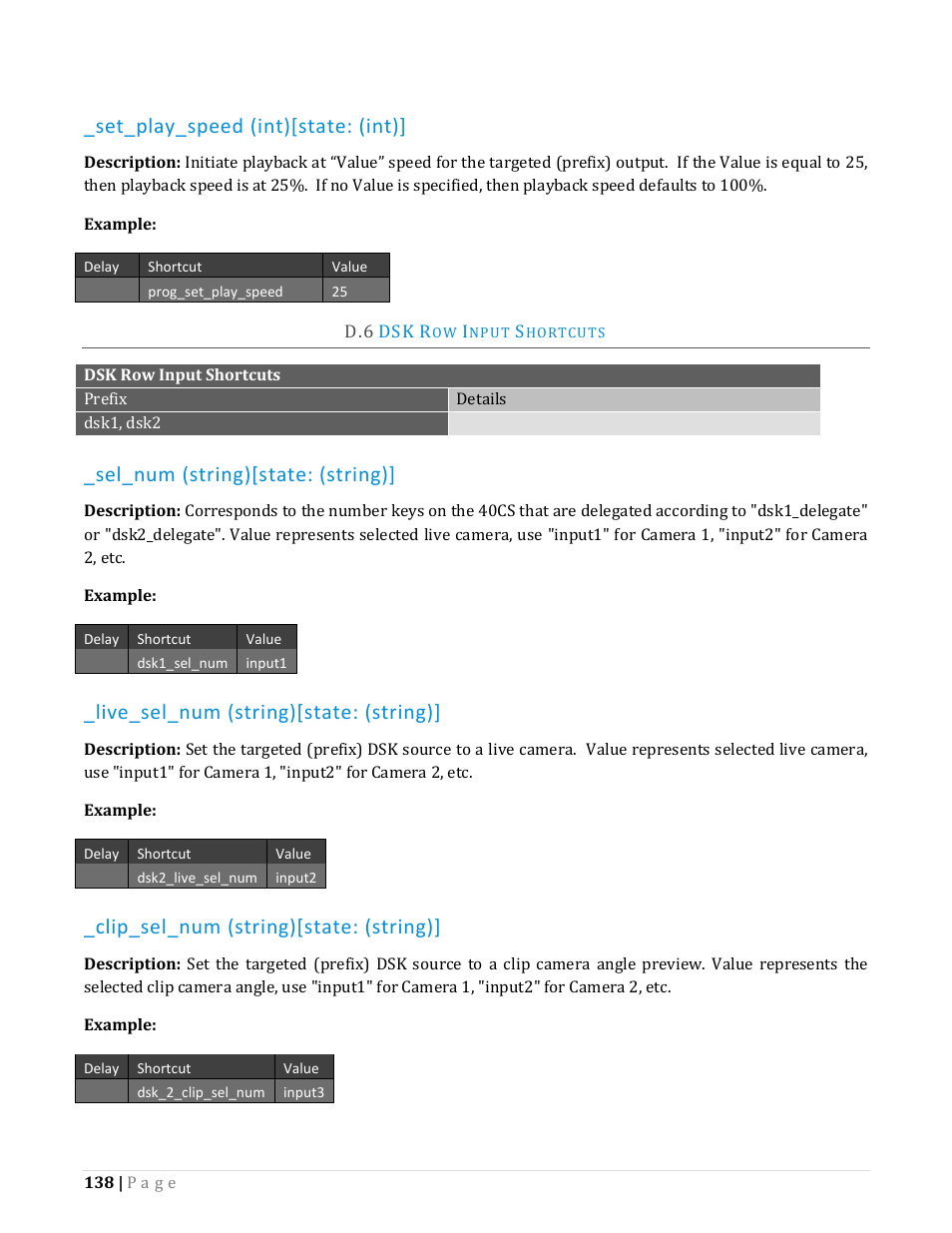 Nput, Hortcuts, Set_play_speed (int)[state: (int) | Sel_num (string)[state: (string), Live_sel_num (string)[state: (string), Clip_sel_num (string)[state: (string) | NewTek TriCaster Advanced Edition Automation and Integration Guide User Manual | Page 150 / 179