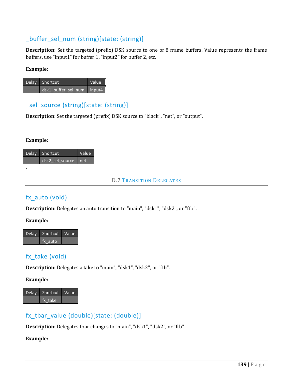 Ransition, Elegates, Buffer_sel_num (string)[state: (string) | Sel_source (string)[state: (string), Fx_auto (void), Fx_take (void), Fx_tbar_value (double)[state: (double) | NewTek TriCaster Advanced Edition Automation and Integration Guide User Manual | Page 151 / 179