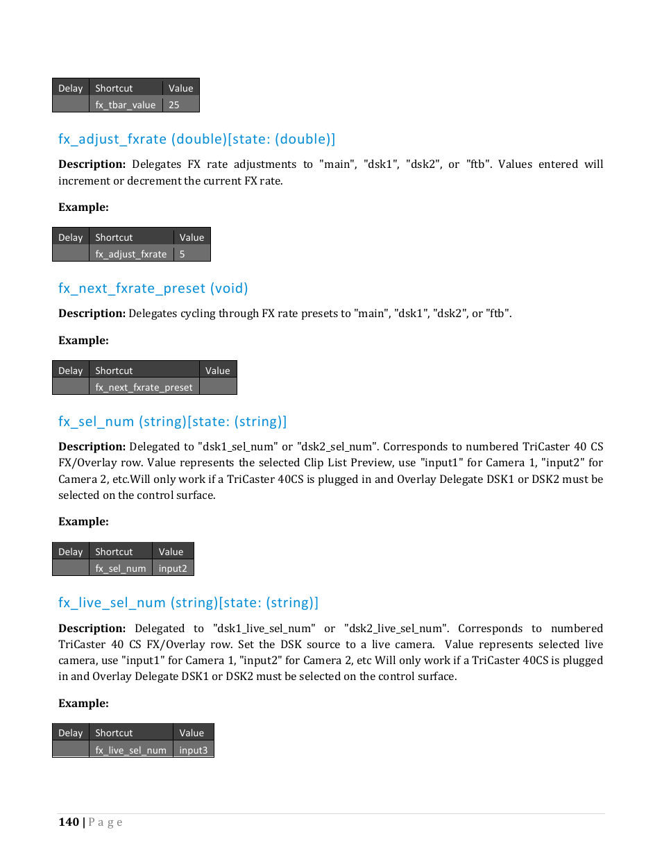 Fx_adjust_fxrate (double)[state: (double), Fx_next_fxrate_preset (void), Fx_sel_num (string)[state: (string) | Fx_live_sel_num (string)[state: (string) | NewTek TriCaster Advanced Edition Automation and Integration Guide User Manual | Page 152 / 179