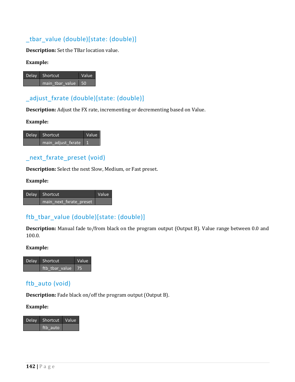 Tbar_value (double)[state: (double), Adjust_fxrate (double)[state: (double), Next_fxrate_preset (void) | Ftb_tbar_value (double)[state: (double), Ftb_auto (void) | NewTek TriCaster Advanced Edition Automation and Integration Guide User Manual | Page 154 / 179