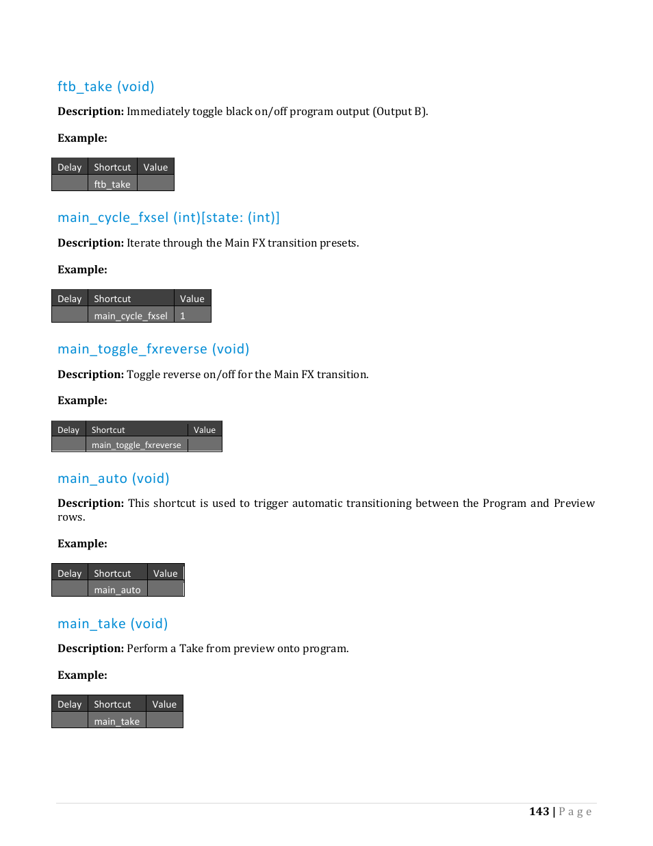 Ftb_take (void), Main_cycle_fxsel (int)[state: (int), Main_toggle_fxreverse (void) | Main_auto (void), Main_take (void) | NewTek TriCaster Advanced Edition Automation and Integration Guide User Manual | Page 155 / 179