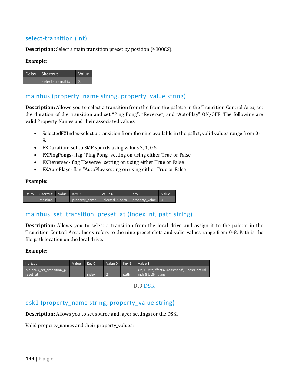 Select-transition (int), Dsk1 (property_name string, property_value string) | NewTek TriCaster Advanced Edition Automation and Integration Guide User Manual | Page 156 / 179