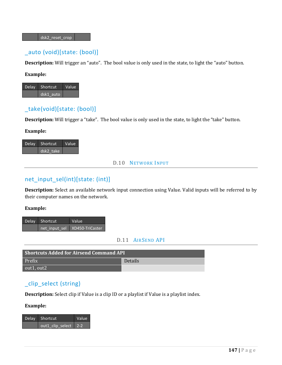 D.10, Etwork, Nput | D.11, Auto (void)[state: (bool), Take(void)[state: (bool), Net_input_sel(int)[state: (int), Clip_select (string) | NewTek TriCaster Advanced Edition Automation and Integration Guide User Manual | Page 159 / 179