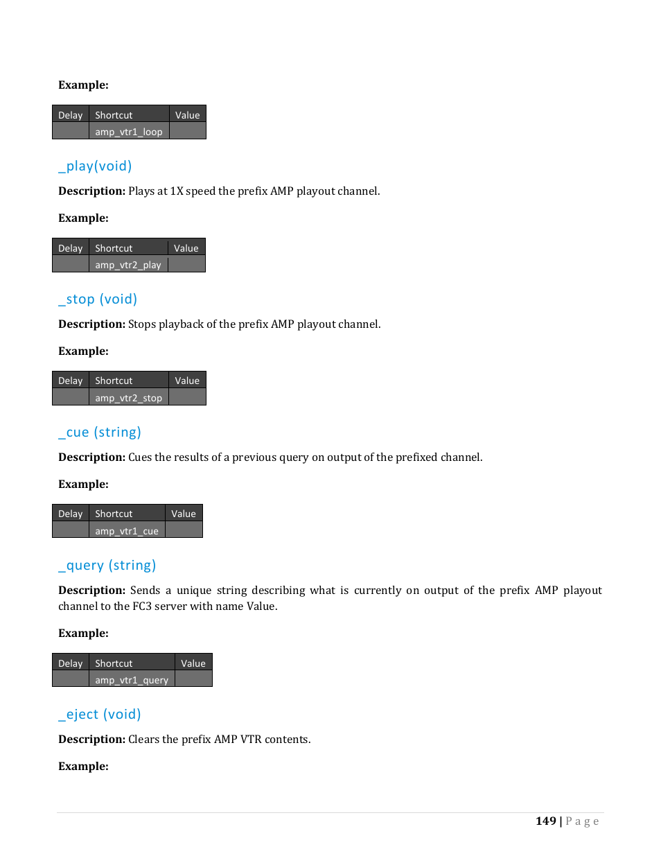 Play(void), Stop (void), Cue (string) | Query (string), Eject (void) | NewTek TriCaster Advanced Edition Automation and Integration Guide User Manual | Page 161 / 179