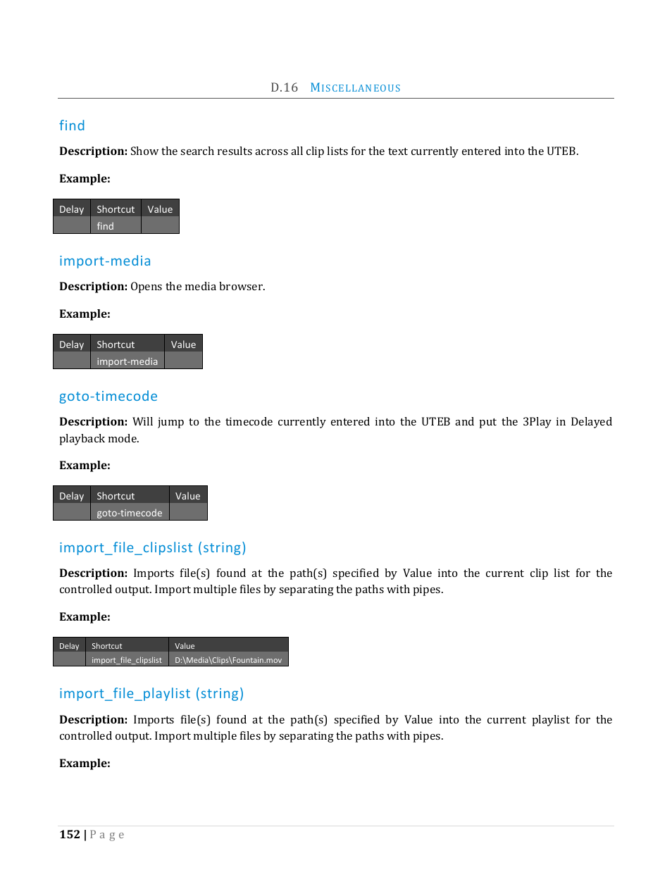 D.16, Iscellaneous, Find | Import-media, Goto-timecode, Import_file_clipslist (string), Import_file_playlist (string) | NewTek TriCaster Advanced Edition Automation and Integration Guide User Manual | Page 164 / 179