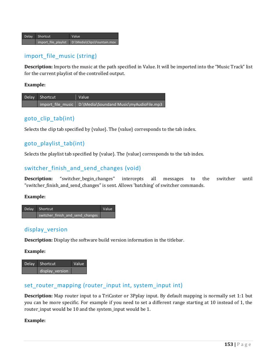 Import_file_music (string), Goto_clip_tab(int), Goto_playlist_tab(int) | Switcher_finish_and_send_changes (void), Display_version | NewTek TriCaster Advanced Edition Automation and Integration Guide User Manual | Page 165 / 179