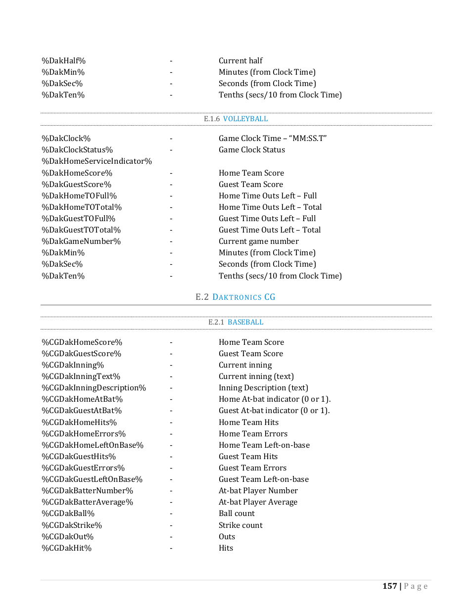 E.1.6, Volleyball, Aktronics | E.2.1, Baseball | NewTek TriCaster Advanced Edition Automation and Integration Guide User Manual | Page 169 / 179