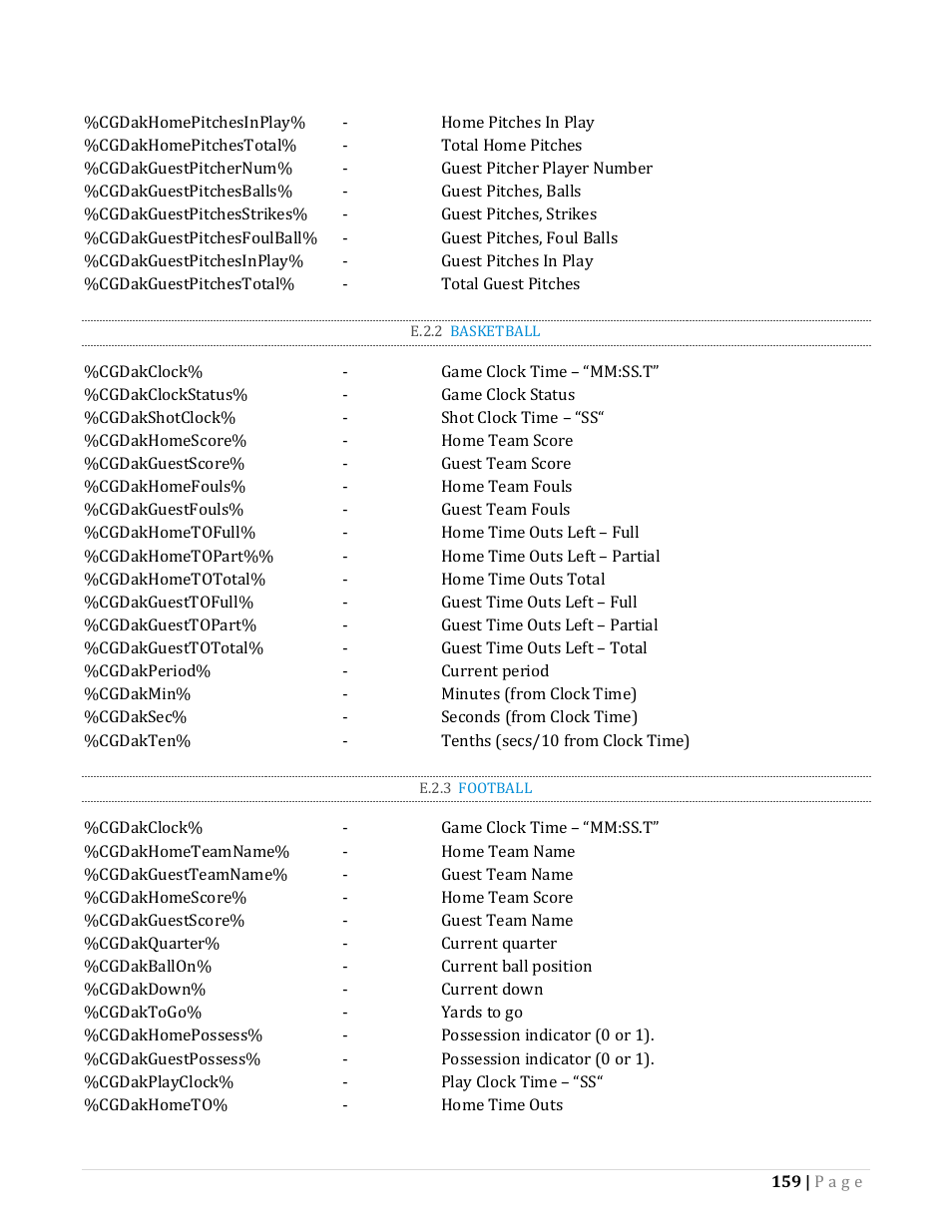 E.2.2, Basketball, E.2.3 | Football | NewTek TriCaster Advanced Edition Automation and Integration Guide User Manual | Page 171 / 179