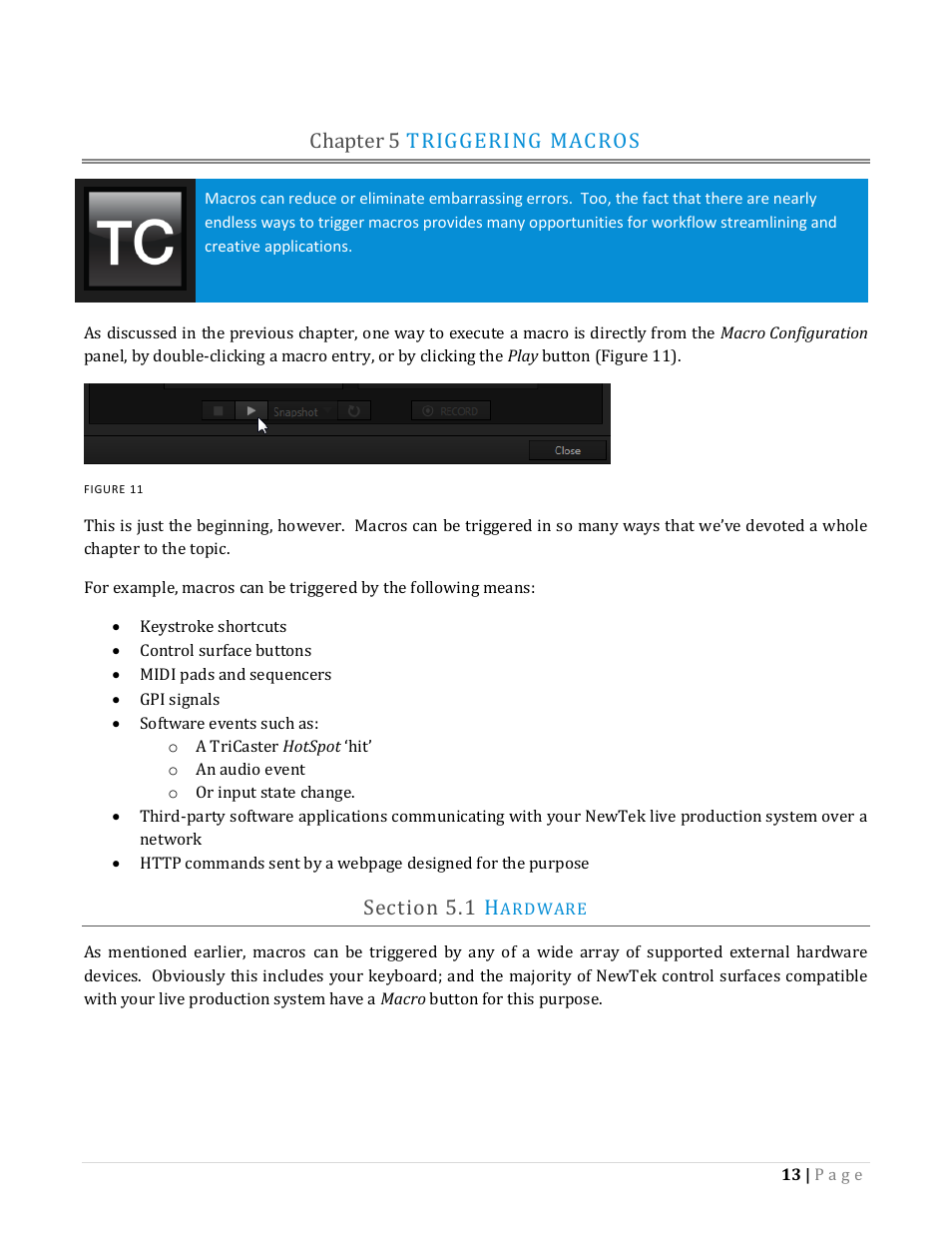 Chapter 5 triggering macros, Ection, Ardware | NewTek TriCaster Advanced Edition Automation and Integration Guide User Manual | Page 25 / 179